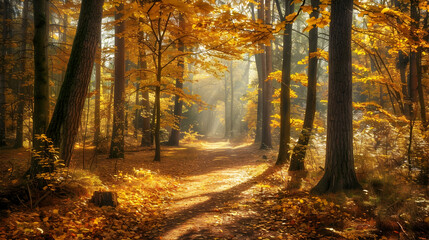 Obraz premium A serene forest trail during autumn, with golden leaves carpeting the path and soft sunlight filtering through the dense canopy