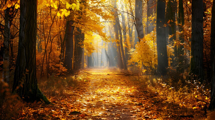 A serene forest trail during autumn, with golden leaves carpeting the path and soft sunlight filtering through the dense canopy