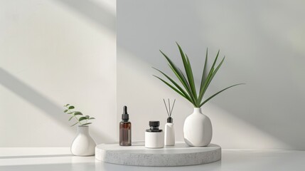 Fototapeta premium Commercial photo for a high-end aromatherapy brand: products arranged in a minimalist setting with sleek modern lines