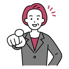 笑顔で指名する中年のスーツの女性