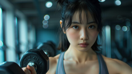 Obraz premium ジムでトレーニングに励む若い日本人女性のポートレート