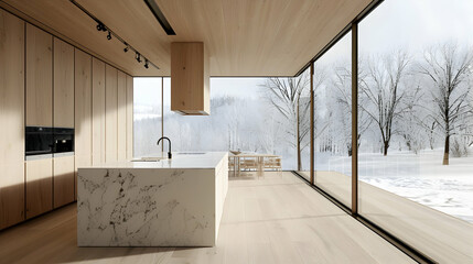 Beautiful home with light wood accents, minimalist design, a marble kitchen island, neutral tones,...