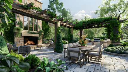 Obraz premium Beautiful terrace in a new luxury home, complete with a stone fireplace, pergola-covered dining area, and lush, manicured landscaping.