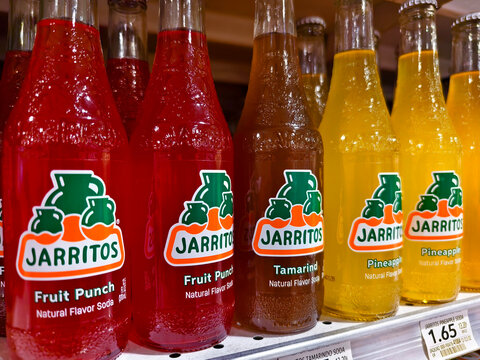 Miami Beach, Florida - Assorted Jarritos soft drinks displayed on supermarket shelf
