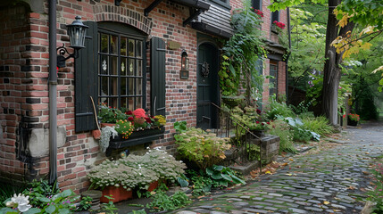Fototapeta premium Brick cottage with a cobblestone street, flower-filled window boxes, and a vintage lamppost