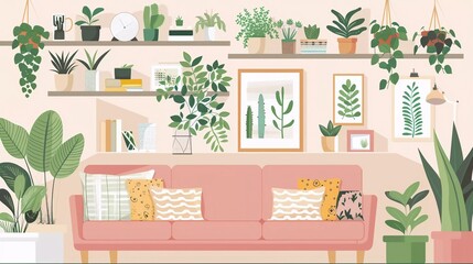
Living room with sofa and shelves Living room interior in modern Scandinavian.Wicker lampshade, shelves with decorations, lots of indoor plants. Very beautiful vector cartoon style