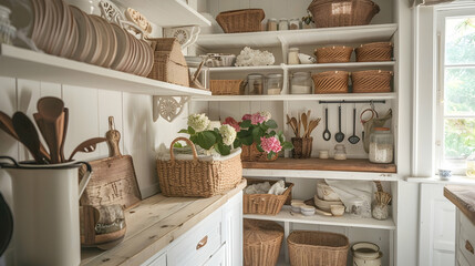 Fototapeta premium Bright farmhouse pantry with white cabinets, wicker baskets, and vintage decor in a cozy country kitchen