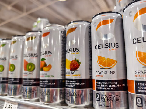 Miami Beach, Florida - July 02, 2024: Celsius energy drinks on display in supermarket aisle