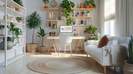 Bright Scandinavian living room with a home office nook, featuring a white desk, light wood accents, and potted plants