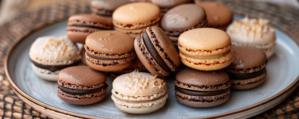 Fototapeta premium Assorted French Macarons on a Plate - Colorful and Delicious Pastry Dessert