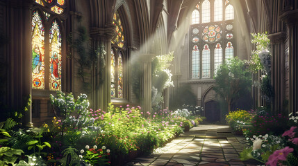Cathedral with stained glass windows, a peaceful garden courtyard, and Gothic architecture