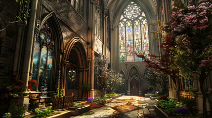 Obraz premium Cathedral with stained glass windows, a peaceful garden courtyard, and Gothic architecture