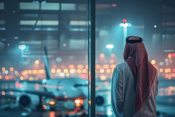 Obraz premium Saudi Gulf Arab man wearing a traditional white thobe and red shemagh, standing on dark night and lamps on airport blurred glass window background.