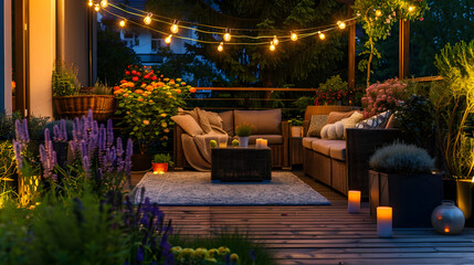 Fototapeta premium Charming garden patio with wrought iron furniture, potted plants, and soft string lights as the sun sets