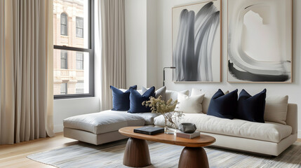 Chic interior design featuring a light gray sofa with navy cushions, floor-to-ceiling windows with flowing white drapes, and modern artwork on the walls