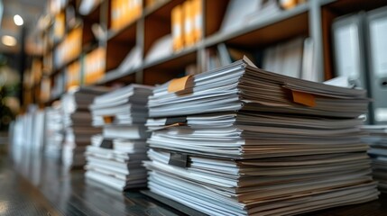 A stack of papers on an office desk, with a blurred background showing shelves and file cabinets.
