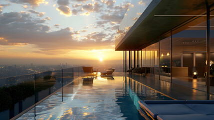 Chic urban penthouse with floor-to-ceiling glass walls, a rooftop infinity pool, and panoramic city views bathed in golden sunset light