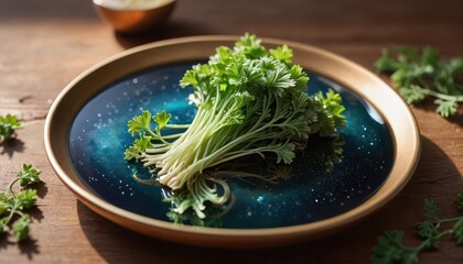 Green Leaves in a Blue and Gold Bowl.