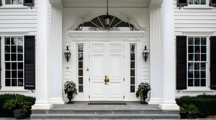 Classic colonial facade: White double doors with brass handles, flanked by tall black shutters, and lantern-style sconces