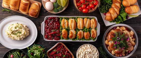 An Easter Table Scene With An Assortment Of Breads, Desserts, And Treats, A Top View Over A Festive Spread