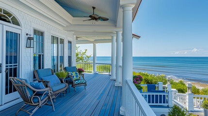 Coastal beach house with white clapboard siding, wraparound porch, and colorful seaside decor, overlooking the ocean under clear blue skies