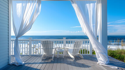 Coastal beachside deck with white Adirondack chairs, flowing sheer curtains, and the sound of crashing waves under a clear blue sky