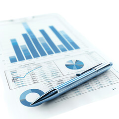 Business financial document with graphs and charts. Pen on paper displaying data analysis, statistics, and financial performance insights.