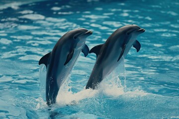 Obraz premium A pair of beautiful dancing dolphins in the water