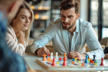 Businessman playing a strategic board game with colleagues, thoughtful and competitive, teamwork and strategy