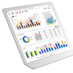 Digital tablet displaying various business analytics and charts. Ideal for business reports, research, and data analysis visuals.