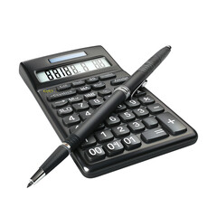 Black calculator and pen on a white background, ideal for business, accounting, finance, and calculations. Perfect for office and educational use.