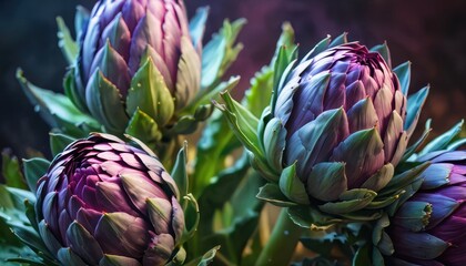 Obraz premium Close Up of Purple and Green Artichokes.
