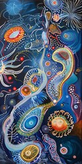 Naklejka premium An abstract illustration with dots and lines representing a dreamscape with vibrant cool colors.