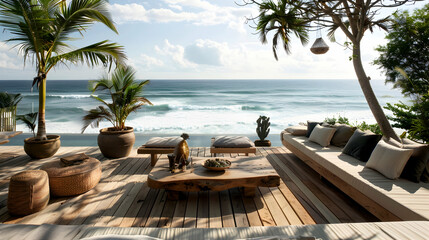 Obraz premium Coastal retreat with a wooden deck, potted palms, and a rattan sofa overlooking the ocean waves