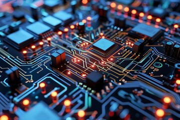 Obraz premium Close-up of a Circuit Board with Glowing LEDs and Integrated Components.