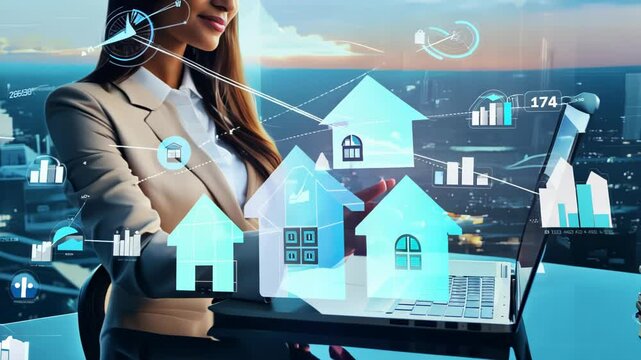 Close-up shot: Professional woman interacts with virtual real estate data on laptop. Holographic house icons and graphs float above screen. 