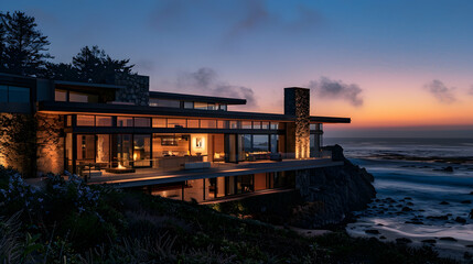 Coastal villa with large windows, warm lighting, and ocean waves crashing behind at dusk