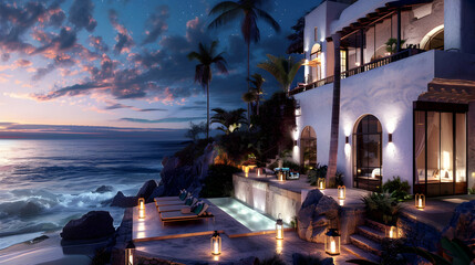 Fototapeta premium Coastal villa with white stucco walls, illuminated by soft lanterns, overlooking crashing waves and palm trees swaying in the ocean breeze