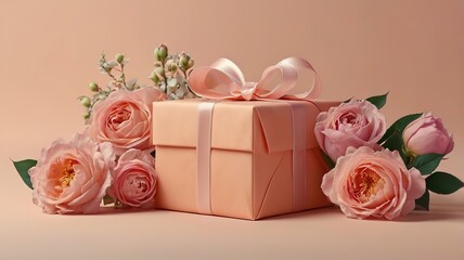 Pink gift box with wrapped pink ribbon with flowers