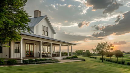 Contemporary farmhouse luxury home exterior with wrap-around porch, barn doors, and lush greenery under a cloudy sky