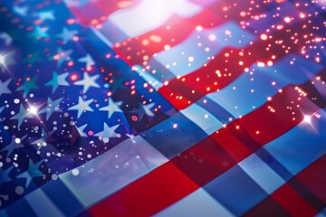 Naklejka premium Vibrant American flag with glowing lights; symbol of patriotism and celebration.