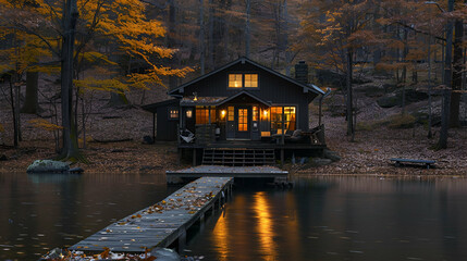 Fototapeta premium Rustic lakeside cabin with warm lit windows, surrounded by autumn foliage, a small wooden dock extending into the calm water
