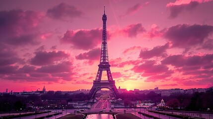 Stunning Pink Sunset Sky Above the World-Famous Eiffel Tower