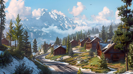 Fototapeta premium Serene mountain town with wooden chalets, winding roads, and pine forests under a bright, clear sky