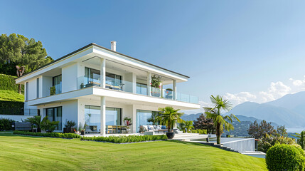 Obraz premium Serene white luxury home exterior on a sunny day with lush green landscaping, clear blue skies, and a view of distant mountains.