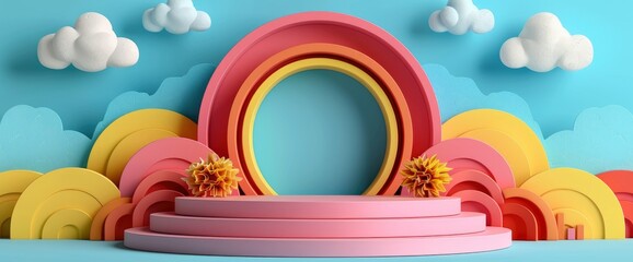 Obraz premium A 3D Pink Podium On A Pastel Background, With Abstract Geometric Shapes And A Cute Rainbow, Playful And Colorful