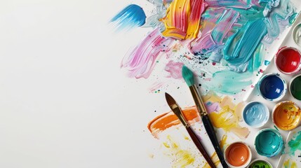 Fototapeta premium Accessories for artistic expression with vibrant paints and brushes on white backdrop