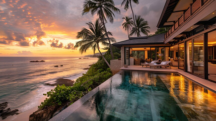 Obraz premium Tranquil beachfront villa with panoramic ocean views, a private infinity pool, and lush palm trees swaying in the breeze under a golden sunset