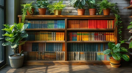 A wooden cabinet, a bookshelf with colorful books on it .