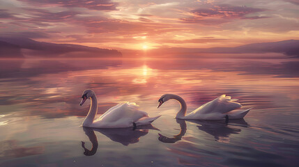 Fototapeta premium Two elegant swans gliding across a serene lake at sunset, their reflections mirrored in the calm water